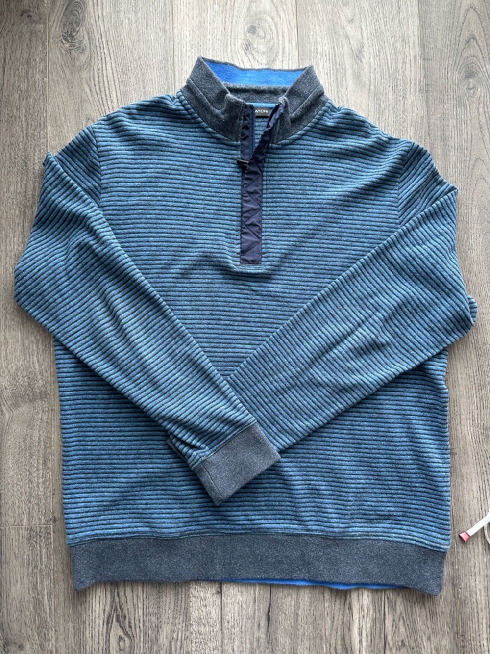 Bugatchi Men's Blue Ribbed Quarter-Zip Pullover with Gray Trim